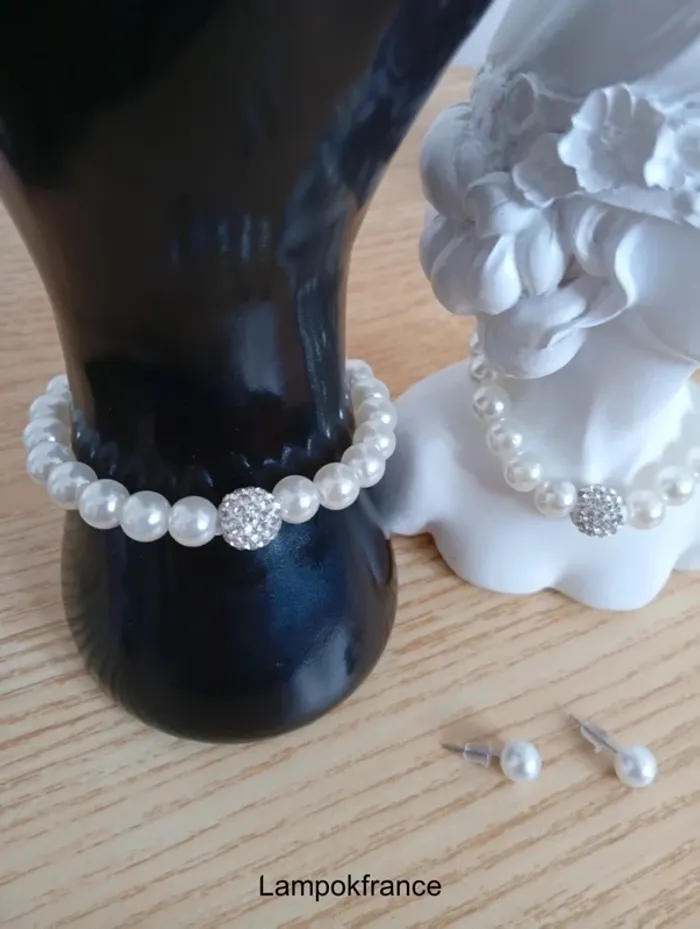 Solde 💝 Ensemble collier en perles blanches bracelet rpt boucles d'oreilles fantaisie chic classe - photo numéro 2