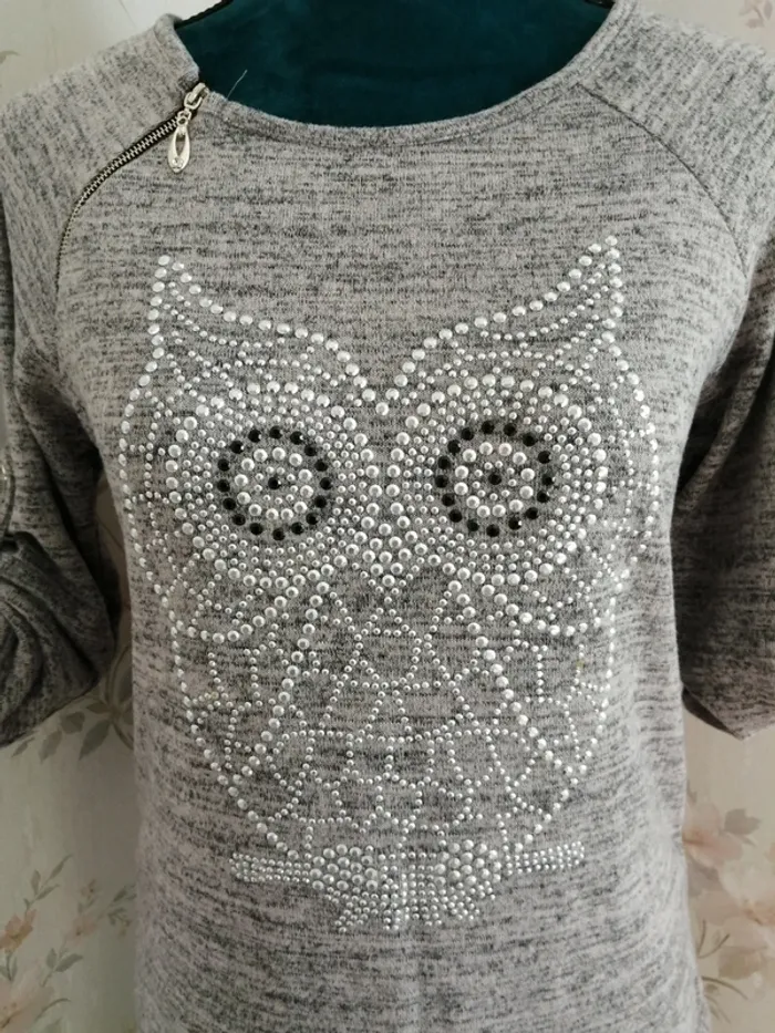 Pull fin gris chiné avec hiboux en strass manches réglables / sans marque / (TU) - photo numéro 4
