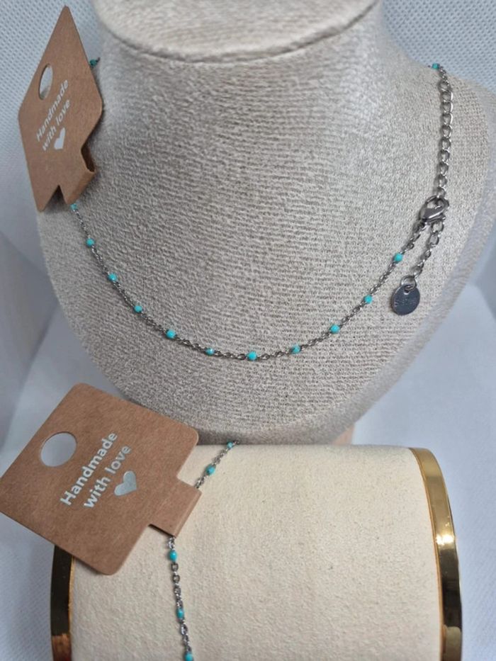 Parure argenté de 2 bijoux : 1 collier et 1 bracelet perles turquoise 🌸 Acier inoxydable - photo numéro 5
