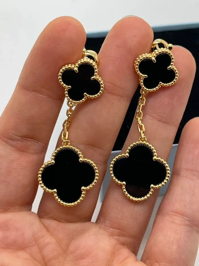 Boucles pendantes 2 trèfles onyx noir - photo numéro 5