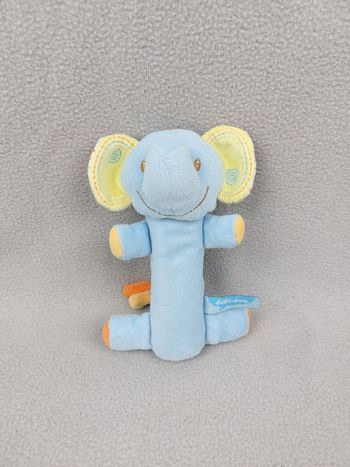 Peluche doudou éléphant bleu BEBEREVE CASINO vert orange Pouet Pouet 18 cm sos doudou