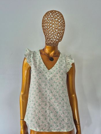 Blouse Manches Courtes Crème et Verte Femme Taille M/38