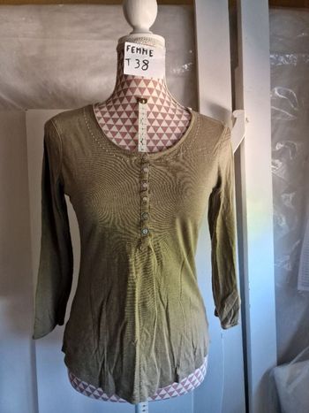 Tee-shirt, vert,avec déco perles et strass sur col et coudes,en coton &elasthanne, manches 3/4,longu
