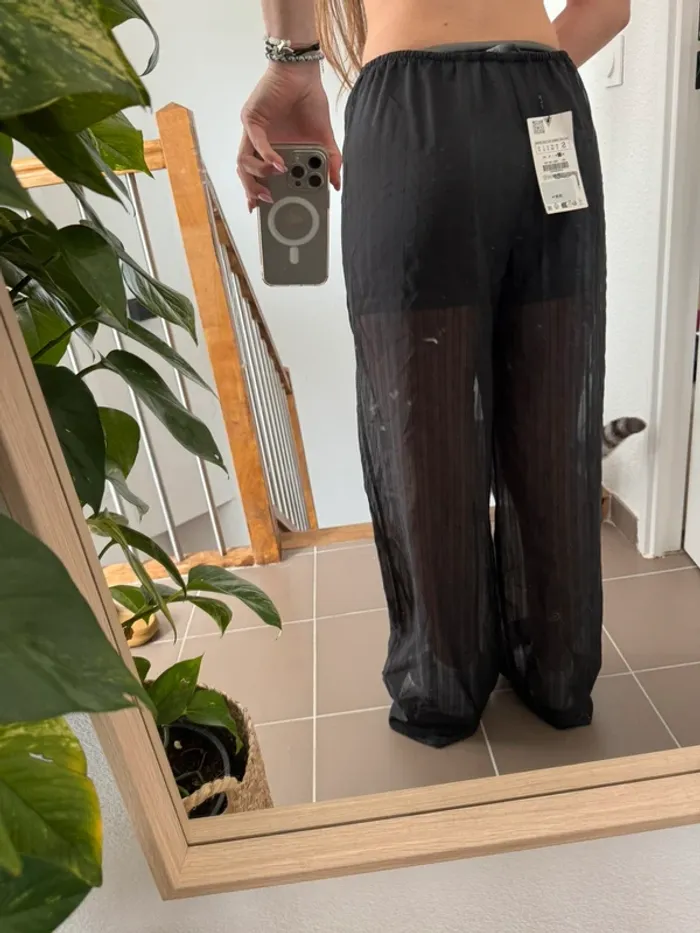 Pantalon Zara noir à rayures en transparence - photo numéro 3