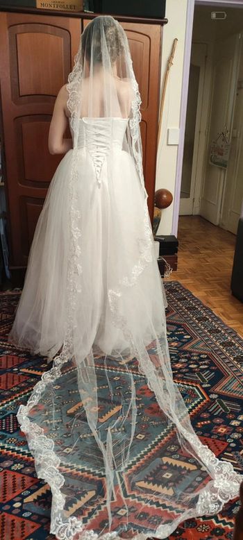 Robe de mariée bustier 36 "princesse" plumes et strass avec traîne et voile