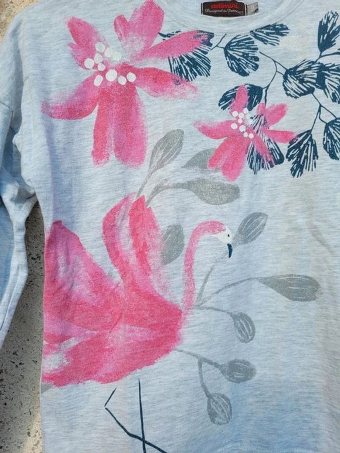 Superbe tee-shirt manches longues Catimini gris anthracite motif flamant rose 🦩, 8 ans - photo numéro 3