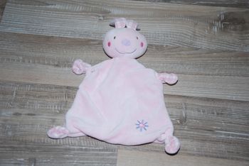 Doudou plat lapin rose C&A babyclub baby club fleur nez mauve oreilles vichy