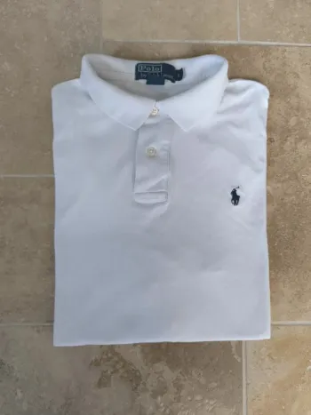 Polo Ralph Lauren homme L blanc logo marine Pima coton quelques micro tâches