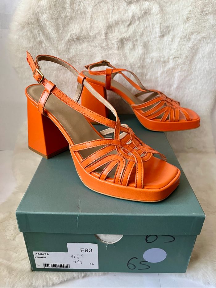 Sandales oranges en cuir avec bride Minelli, talons 10 cm, pointure 39