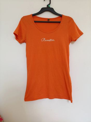 T-shirt orange Benetton à strass logo, 100% coton vintage