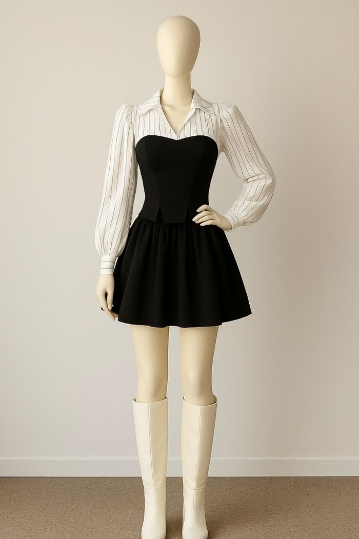 Chemise rayée et bustier corset noir - Effet 2-en