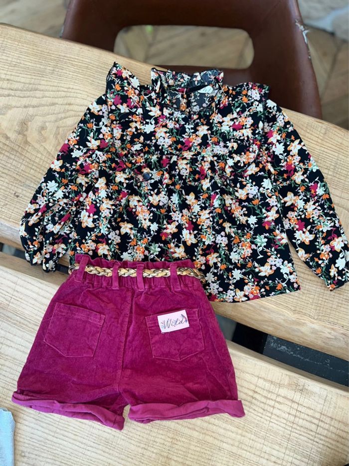 Ensemble 5 ans shein Lili marelle short velours côtelé blouse tunique à fleurs fille - photo numéro 2