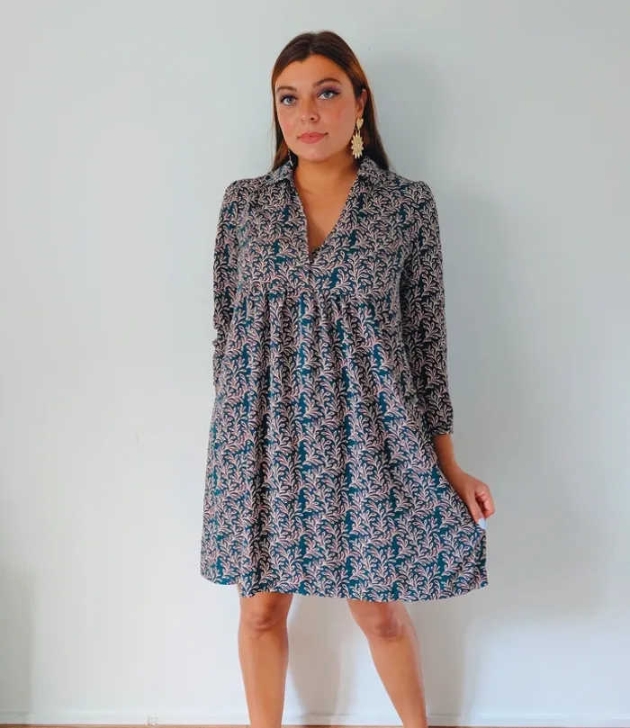 Robe courte trapèze vert foncé fleurie casual chic charlior taille 40 - photo numéro 4