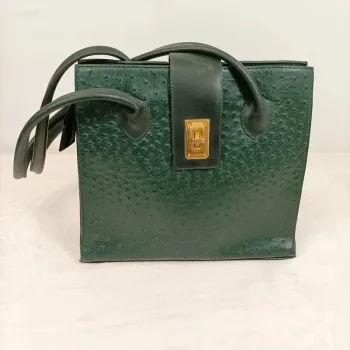 Sac effet cuir autruche vert foncé - fermeture dorée - Anses - style chic rétro S010