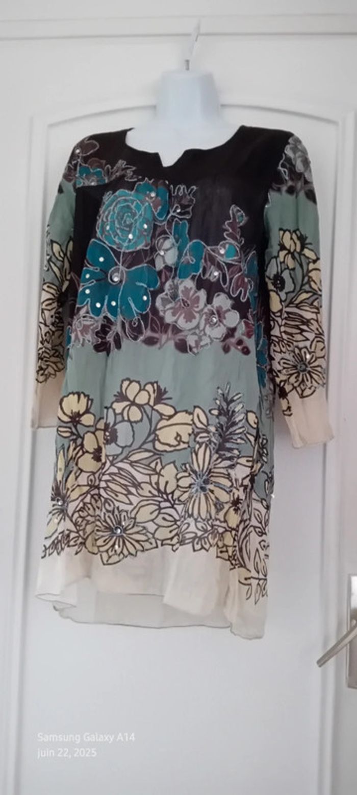Robe tunique estivale semitransparente motif floral avec sequins multicolore femme XL - photo numéro 10