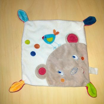 Doudou plat ours Nicotoy oiseau bleu 4 noeuds