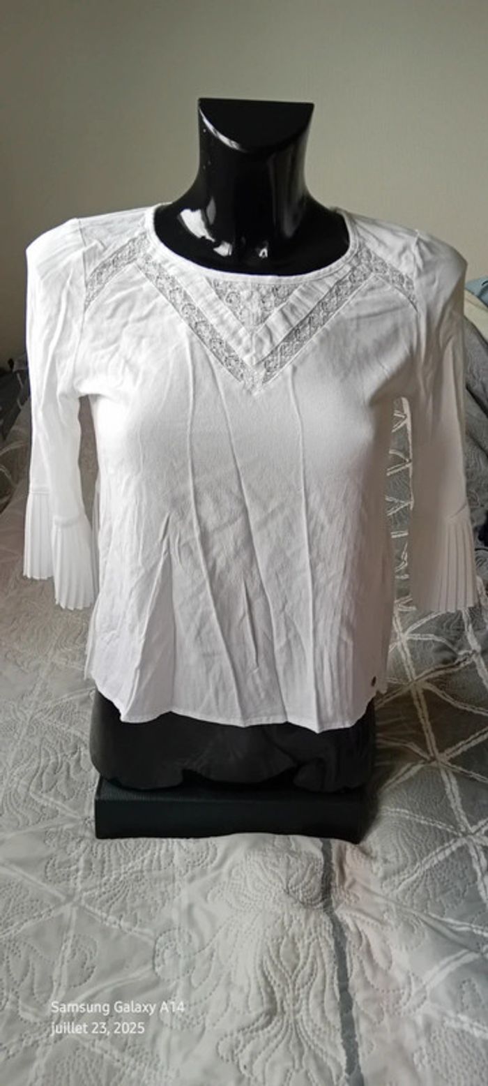Blouse légère manches pagodes 3/4 avec plis et dentelle blanche femme S bonibo - photo numéro 2