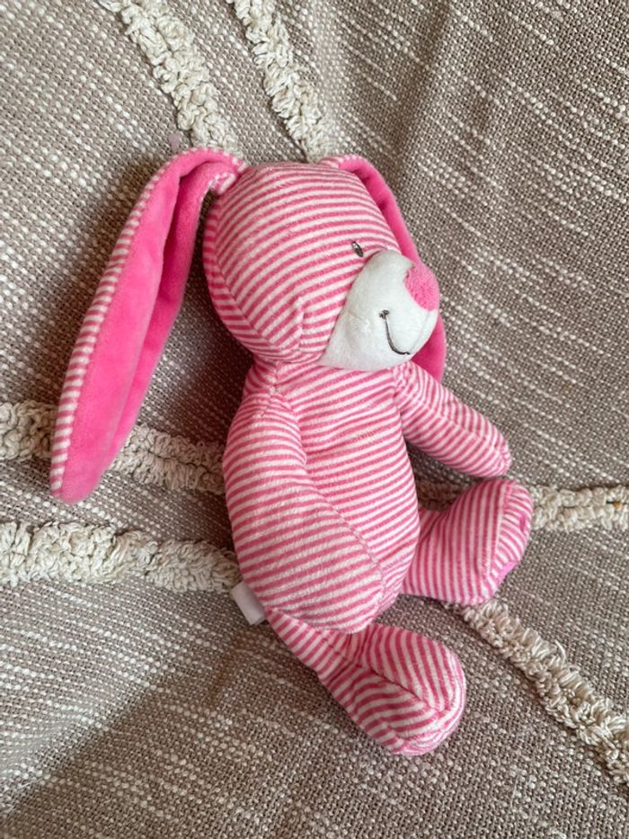 Peluche doudou 25cm Nicotoy lapin rose rayé blanc très bon état - photo numéro 3