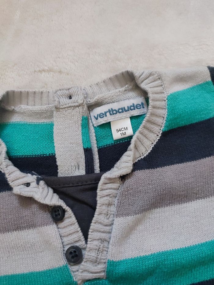 Pull brassière rayé vert gris Vertbaudet taille 1 mois - photo numéro 2
