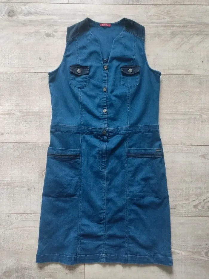 Robe mi-longue en jeans sans manches avec poches et empiècements bleu marine taille 38 Felino - photo numéro 8