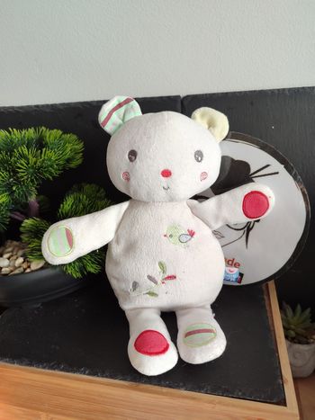 peluche Doudou Ours Blanc Beige Oiseau Branche Sucre D'orge vert rouge Rayé