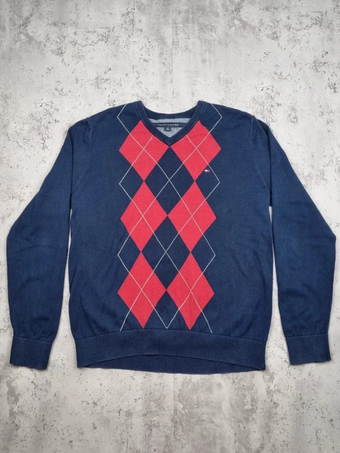 Pull col v Tommy Hilfiger bleu/rouge, L Hommes - photo numéro 3
