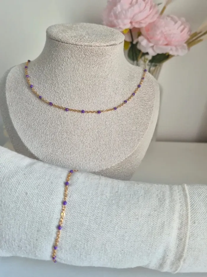 Parure collier + bracelet perles Violettes en acier inoxydable style gigi zag - photo numéro 2