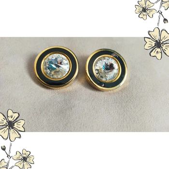 Boucles d’oreilles vintage à clip – Cristal & noir émaillé – Rondes dorées