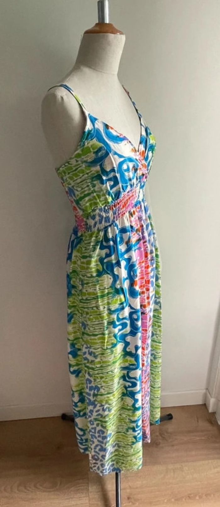 Robe longue fluide à motifs bleu vert rose – taille S/M - photo numéro 4