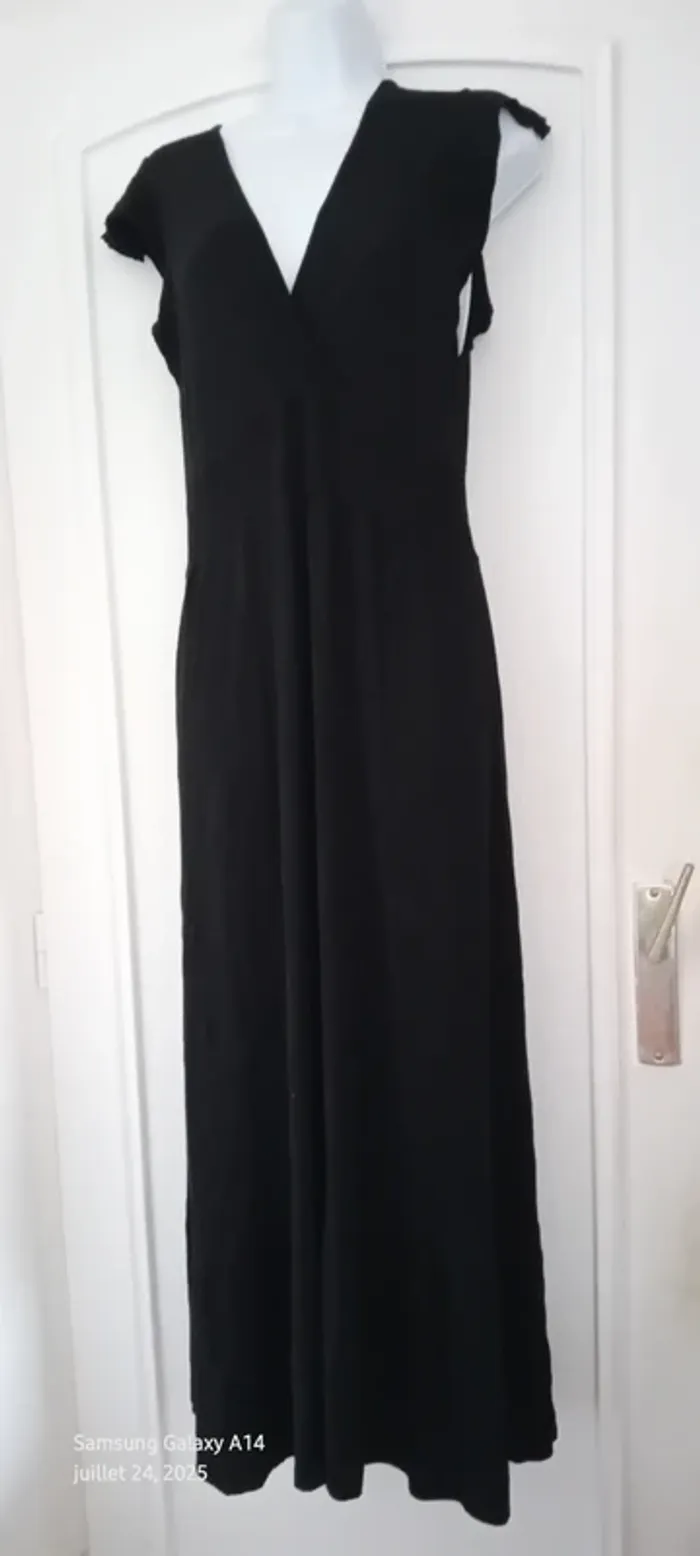 Robe noire très longue effet plissé cache cœur taille smock femme 38/40 made in italy - photo numéro 7