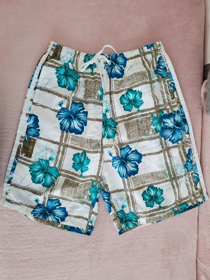 Short de bain de plage homme Dylan Star XL blanc et marron motifs fleurs bleu et turquoise