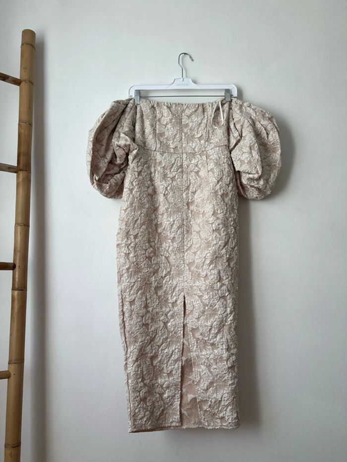 Robe Col Bardot Manches Bouffantes Fendu Dos-Nu En Jacquard - photo numéro 5