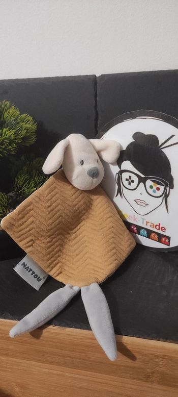 doudou chien jacquard caramel nattou marron blanc beige gris pois doré