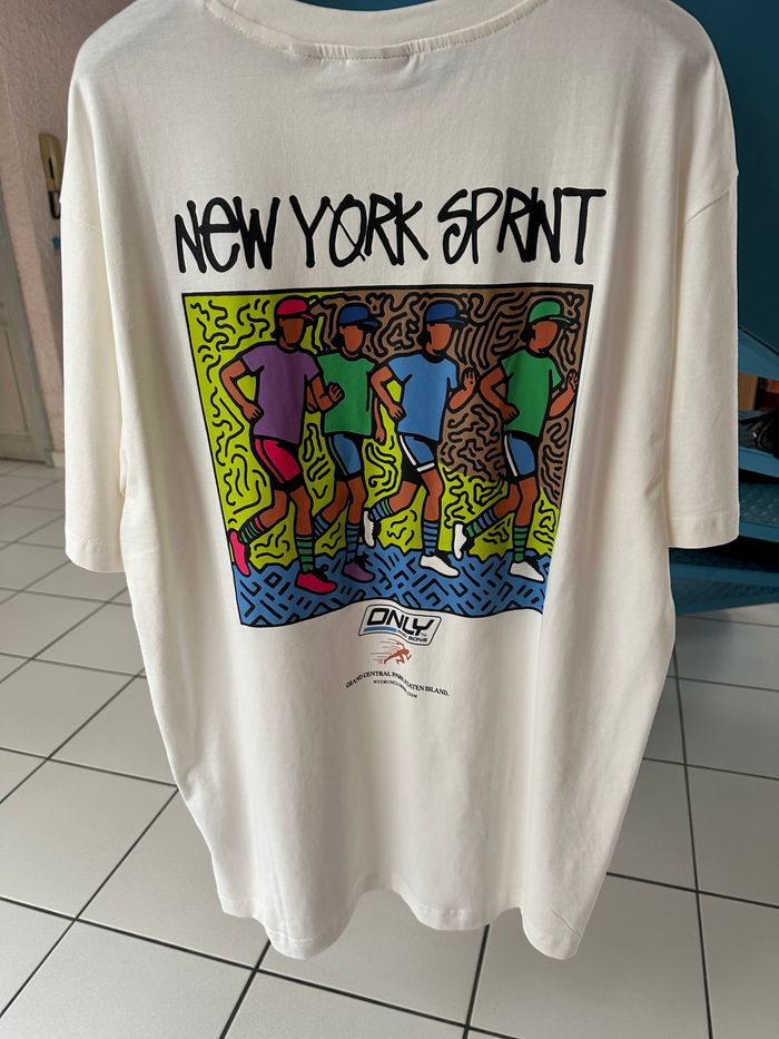 Tee shirt oversize Only&Sons blanc avec sérigraphie "new york sprint" taille M neuf - photo numéro 2