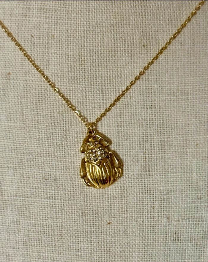 Collier chaîne réglable acier inoxydable or pendentif scarabée cristaux blancs petit créateur - photo numéro 2