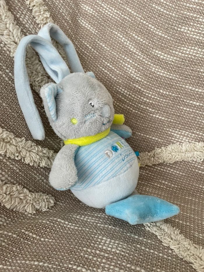 Peluche doudou musical 15cm sucre d’orge ours gris et bleu très bon état - photo numéro 2