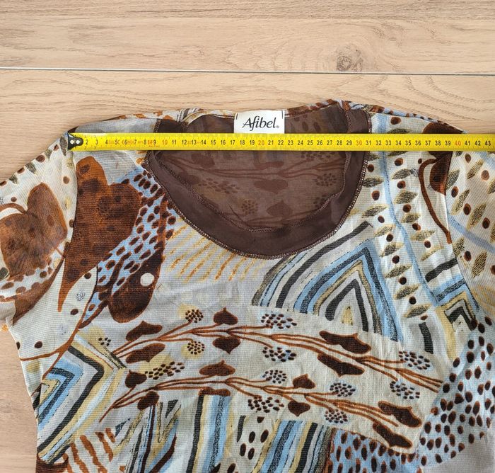 T-shirt blouse manches courtes à motifs marron bleu écru Afibel Taille 40 - photo numéro 10