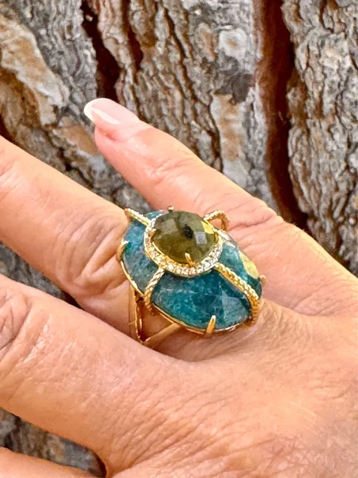 Grosse bague habaha Paris tourmaline et apatite véritable zircons acier inoxydable or - photo numéro 2