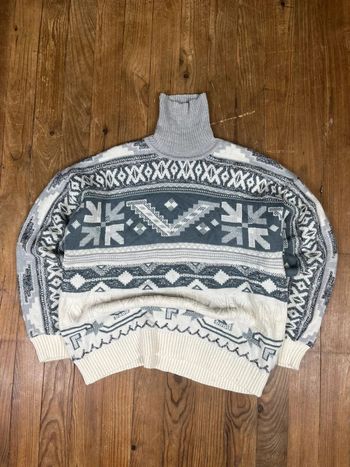 Pull maille vintage laine motifs rayures blanc vert-gris XL Made in Italy