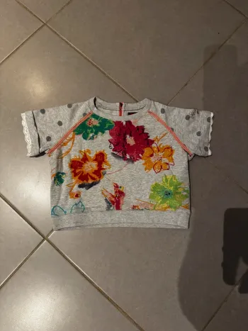 Pull / Sweat manches courtes - Catimini - Fleurs / Points - Gris, rose, jaune, orange & vert - 6 ans