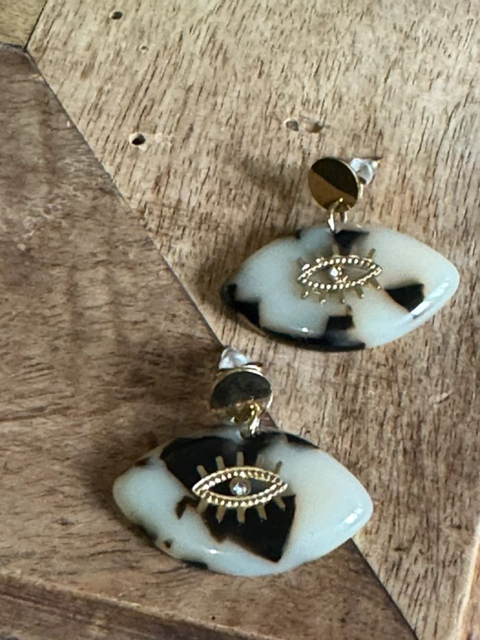 Boucles d’oreilles mile Mila en forme d’œil résine léopard acier inoxydable or cristal - photo numéro 3