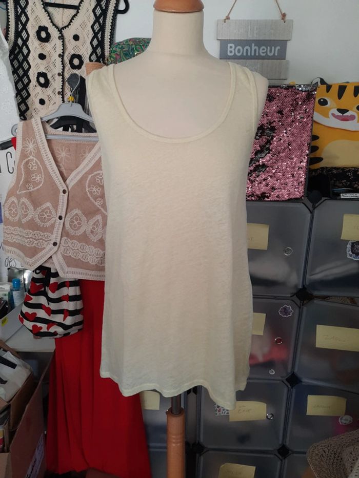 Débardeur top jaune pâle en lin 42 Camaïeu #lora11femme42