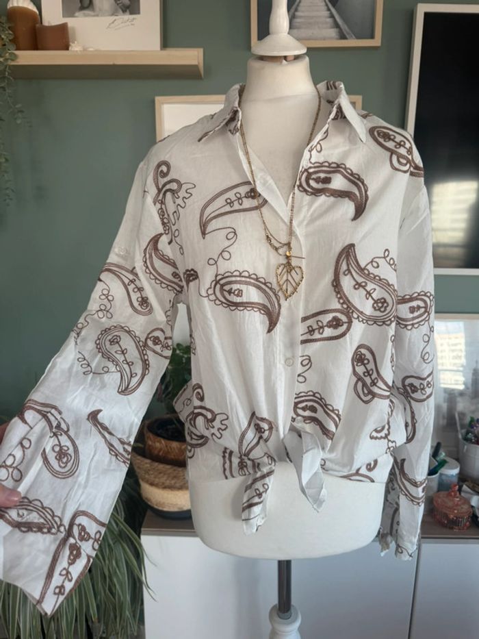 Chemisier blouse blanche beige 100% coton manches longues - photo numéro 2