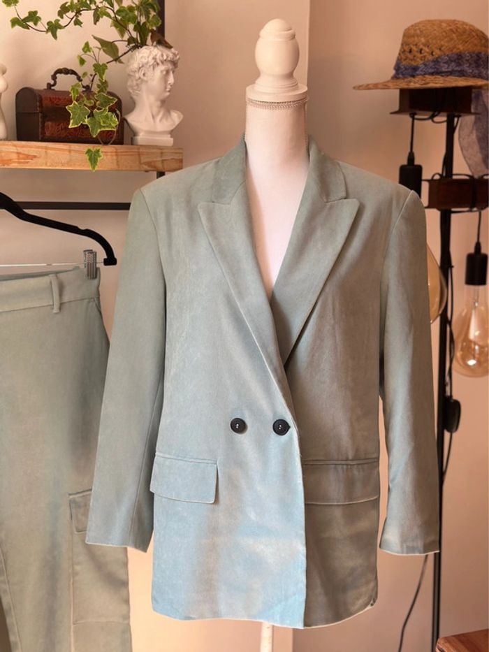 Ensemble blazer + pantalon vert d’eau effet velours Zara taille S Neuf - photo numéro 3