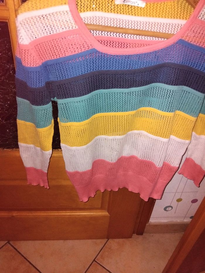Pull d'été maille aille ajourée à rayures multicolore - photo numéro 2