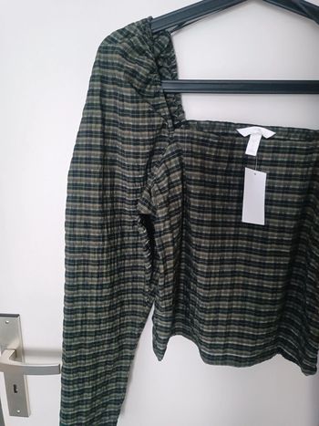 Blouse courte coton kaki et noir col carré Taille M H&M Neuf avec étiquette
