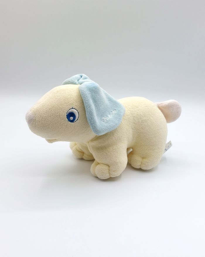 Peluche doudou chien jaune CHICCO grelot oreilles bleues 25 cm ancien
