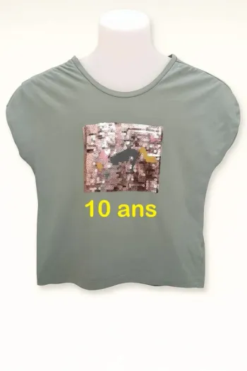 Tee shirt manche courte kaki motif paillette Tissaïa Taille 10 ans