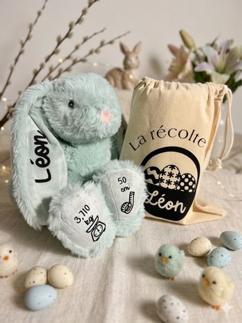 Peluche lapin personnalisée + pochon personnalisé - OFFRE DE PÂQUES