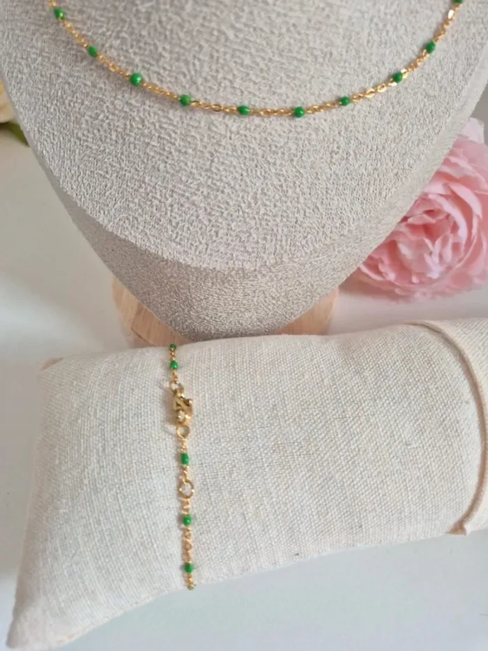Lot de 2 bijoux en acier inoxydable dorée parure avec perles vertes - photo numéro 4